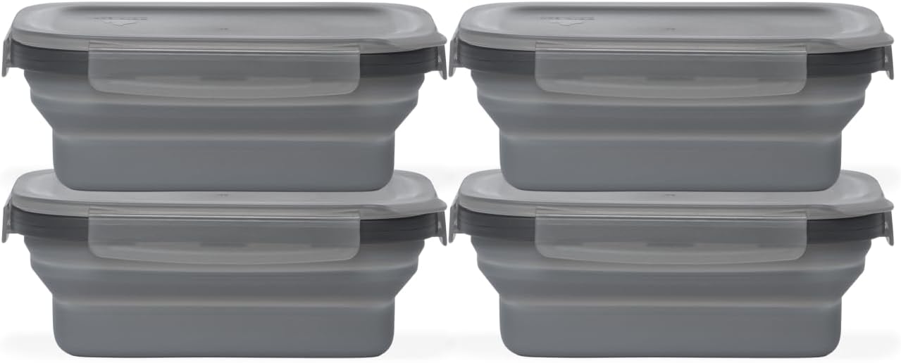 Drip EZ Secondz Collapsible Food Storage Containers – Set of 4, Space-Saving Airtight Meal Prep & Leftover Containers – Microwave, Freezer & Dishwasher Safe, BPA-Free, Locking Lids – Charcoal