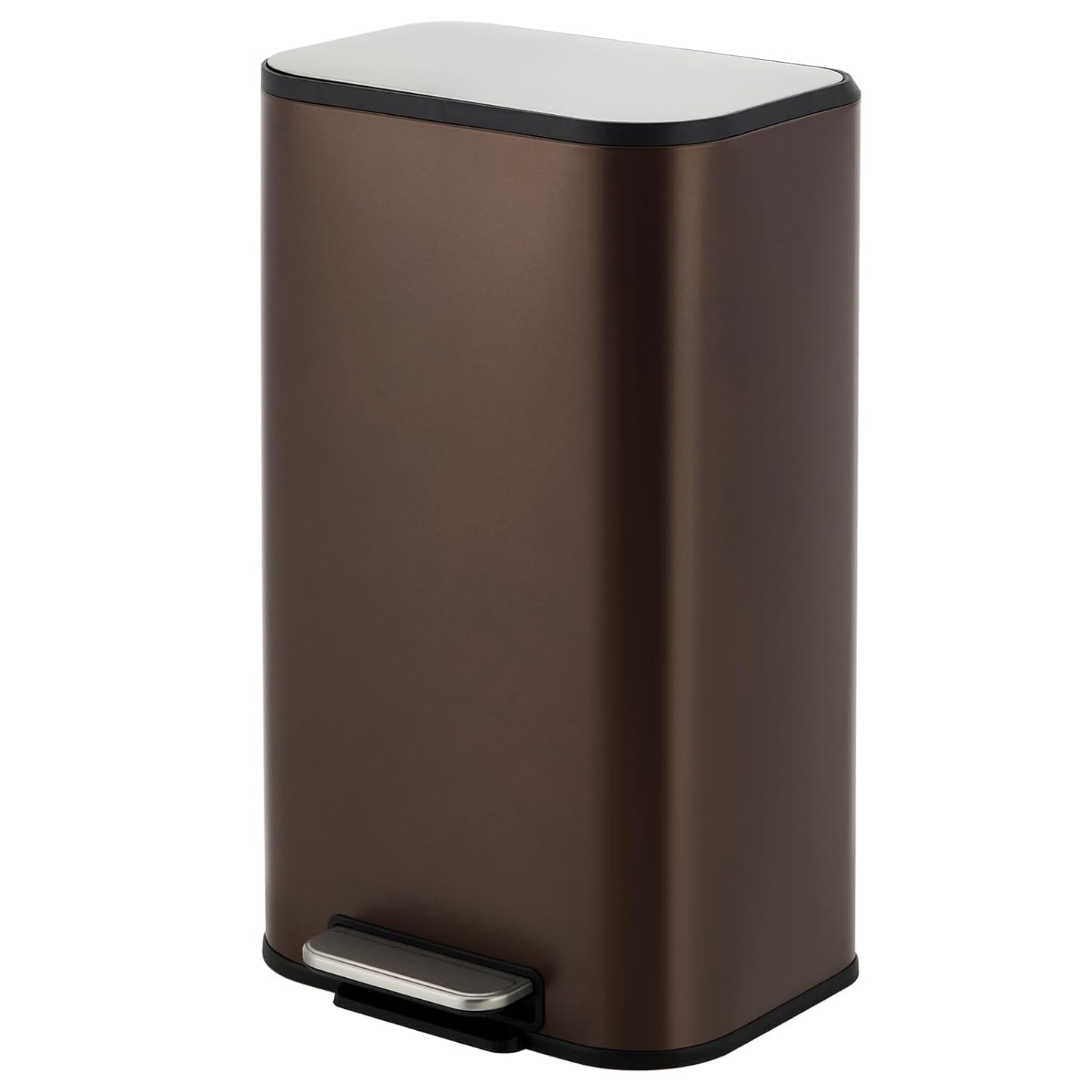 8 Gallon Trash Can for Kitchen, Stainless Steel Garbage Can with Soft-Close Lid, Rectangular Trash Can with Step-On Pedal and Inner Bucket for Home Office Bathroom Living Room, Brown