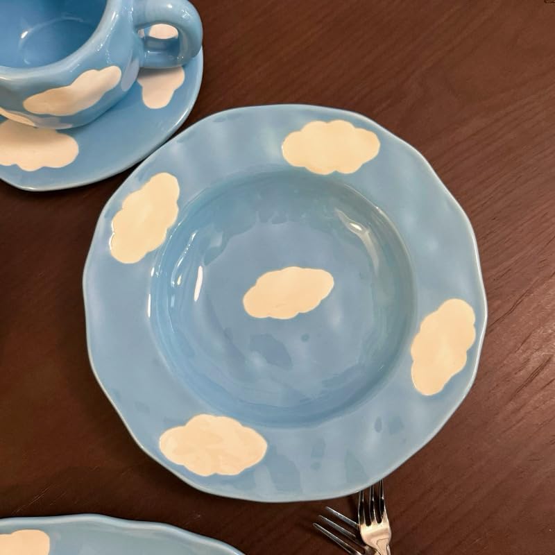 Koythin Ceramic Straw Hat Ramen Bowl Set, Pasta Bowls, Salad Serving Bowl for Noodle, Dinner, Salad, Microwave Dishwasher Safe (Blue Sky and White Clouds)