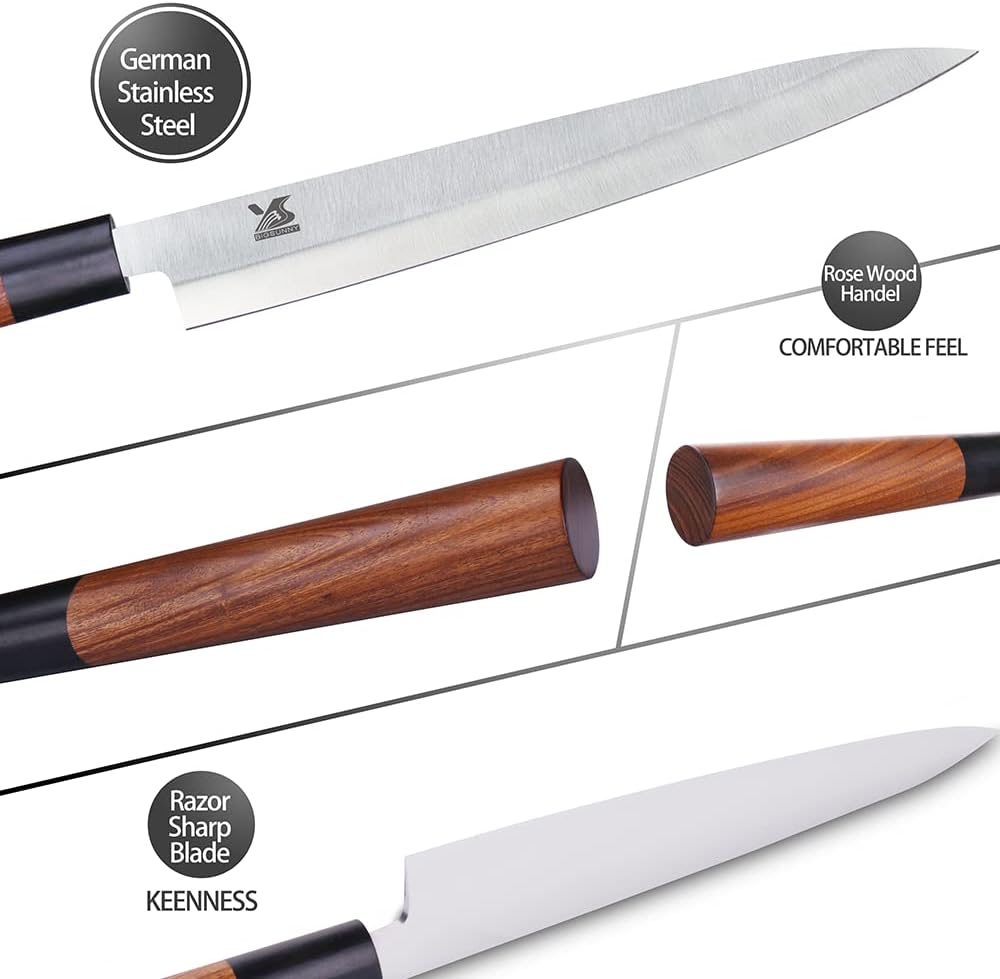 MSY BIGSUNNY 10" Yanagiba Sushi Knife - Stainless Steel With Rose Wood Handle - Professional Slicing Chef Knife for Sashimi
