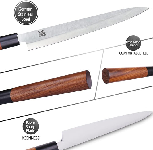 MSY BIGSUNNY 10" Yanagiba Sushi Knife - Stainless Steel With Rose Wood Handle - Professional Slicing Chef Knife for Sashimi