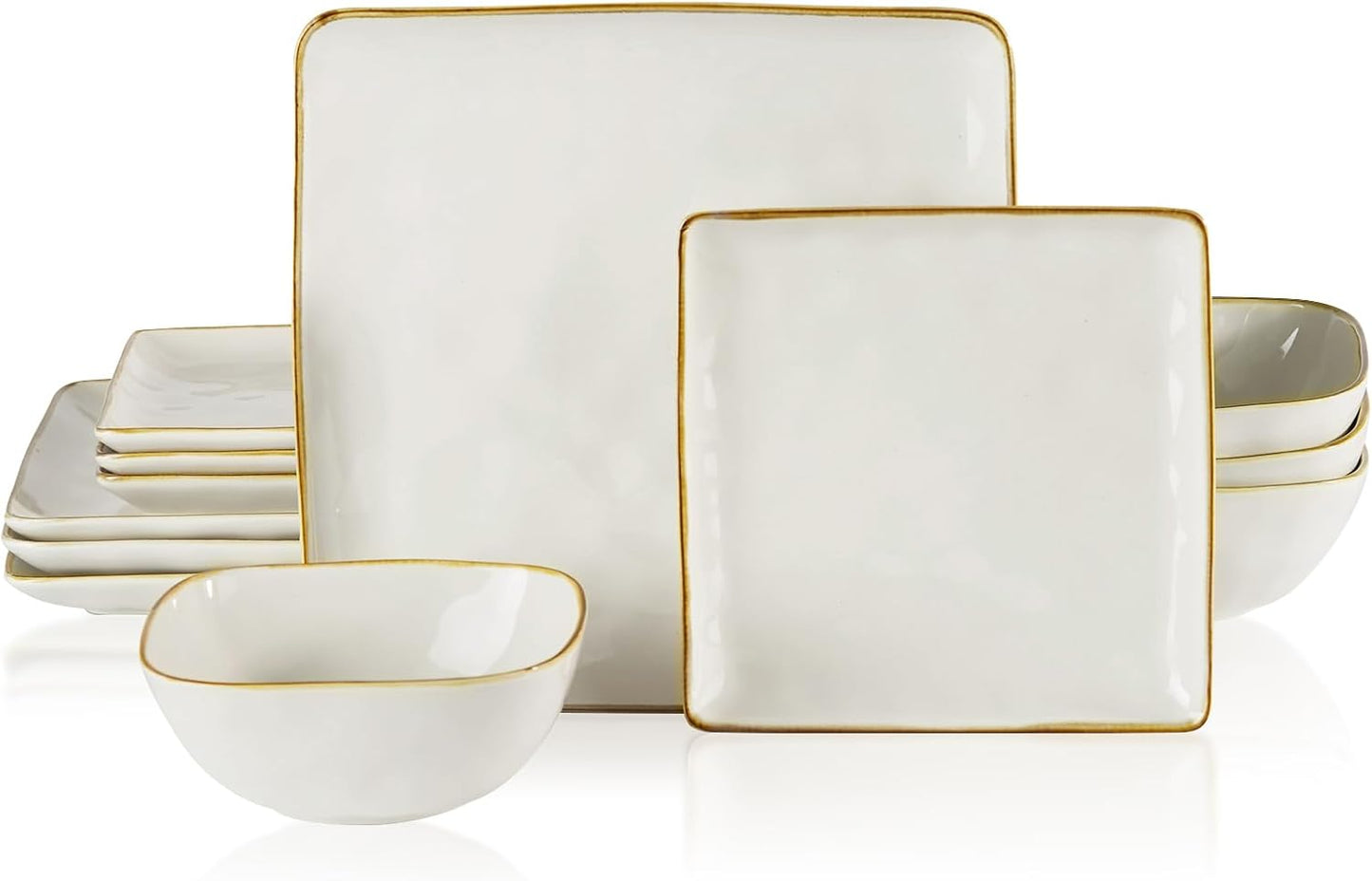Famiware Dinnerware Sets for 4, Ocean Square 12-Piece Kitchen Plates and Bowls Sets, Microwave and Dishwasher Safe, Scratch Resistant, Vanilla White