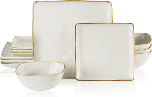 Famiware Dinnerware Sets for 4, Ocean Square 12-Piece Kitchen Plates and Bowls Sets, Microwave and Dishwasher Safe, Scratch Resistant, Vanilla White