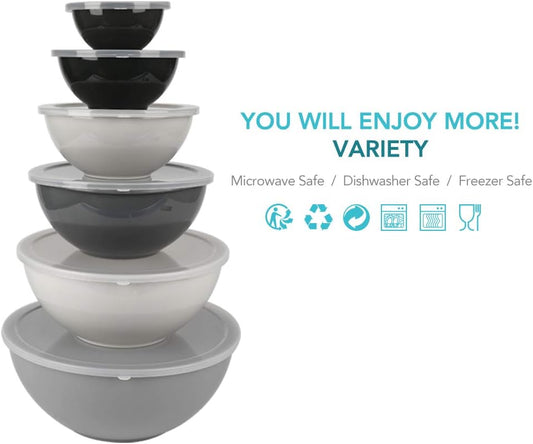 BoxedHome BPA Free Plastic Round Mixing Bowl with Lids, 12 Pack Nesting Bowls with Lids Set, Microwave and Dishwasher Safe Prep & Serving Bowls Great for Mixing, Baking, Serving (Grey, 12pcs)