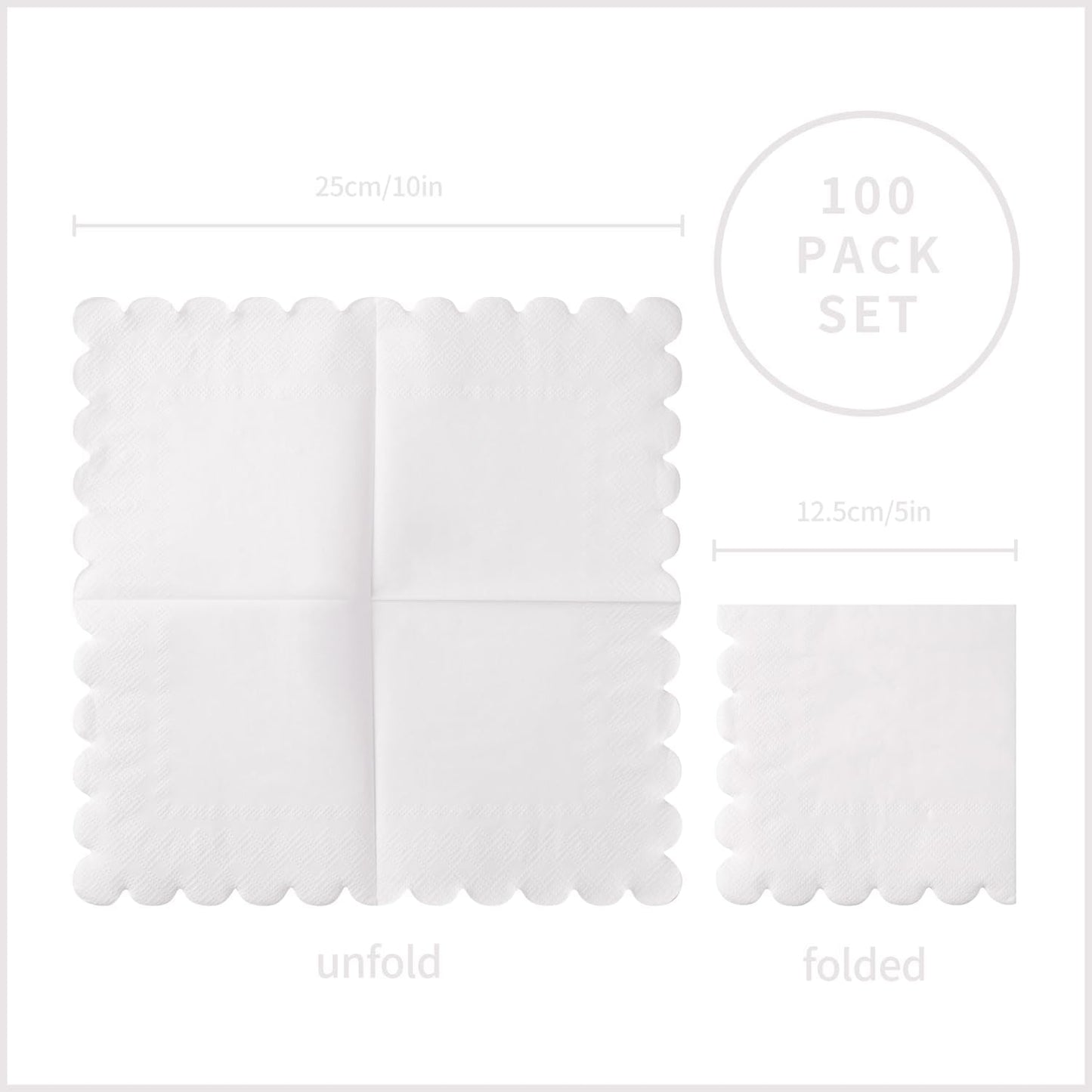 100 Pack Cocktail Napkin 2-Ply Scalloped Edged Dessert Napkins Folded 5 x 5 Inches Disposable Napkins for Dinner Wedding Birthday Party Bridal Anniversary Reception Event (White)