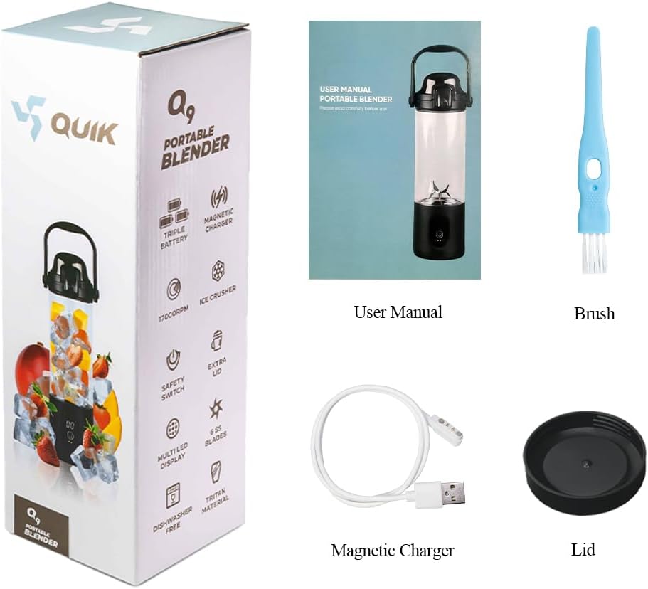 Portable Blender - Cordless 24oz. Personal Blender for Shakes and Smoothies, Licuadora, BPA Free - Ice Crush, Dishwasher safe parts, Waterproof, Triple Batteries, Juicer Cup, Black