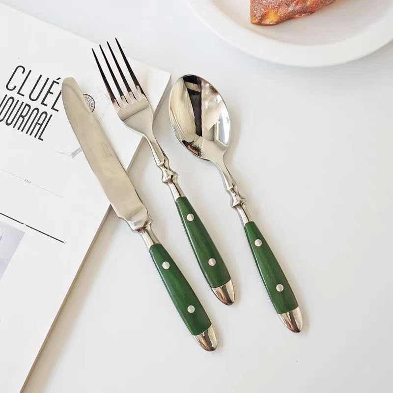 20-Piece Silverware Set, Stainless Steel Flatware Set, Service for 4, Vintage Cutlery Set with Green Bakelite Handle, Mirror Polished | Rustic | Dishwasher Safe