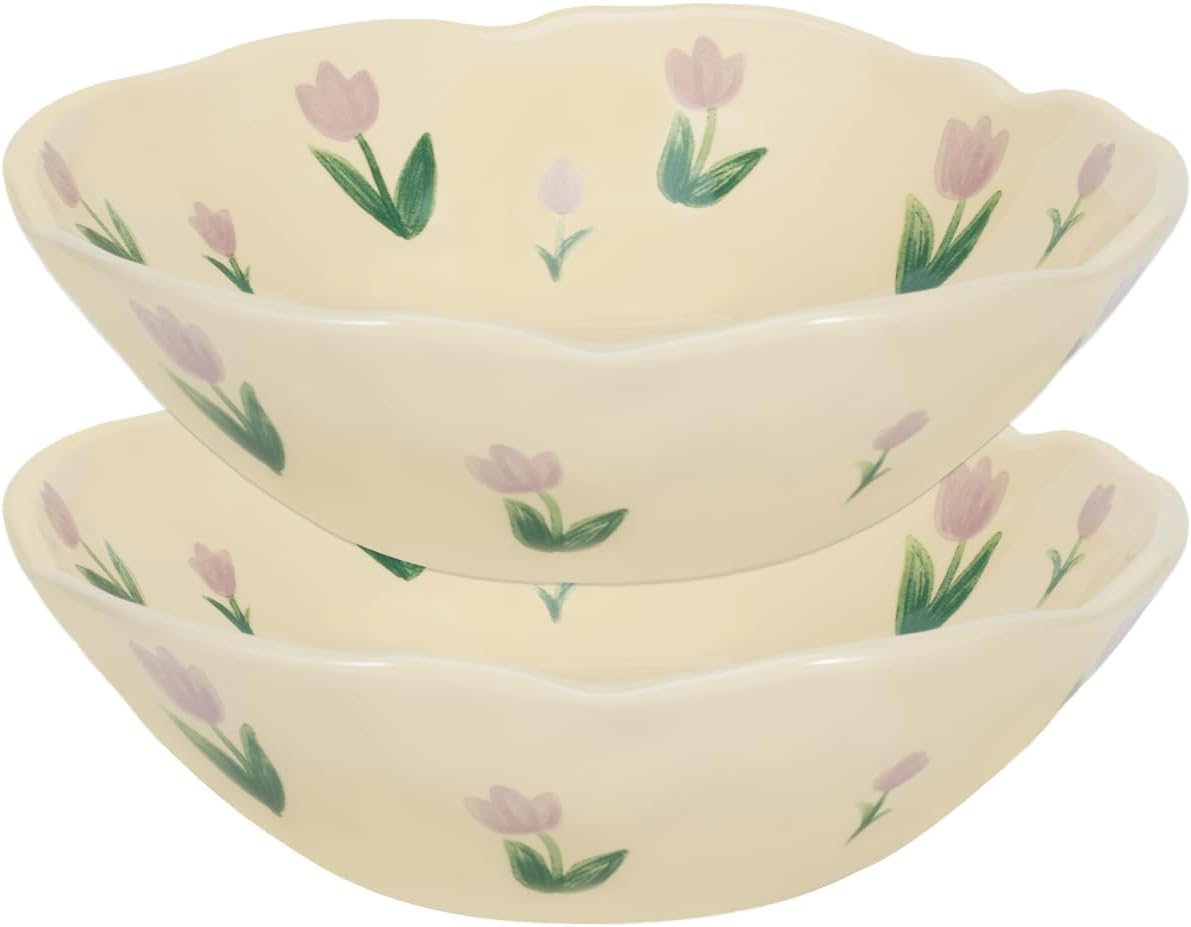 Koythin Salad Bowls Set of 2, Cute Purple Tulip Flower Ceramic Bowls, Cream Yellow Serving Bowl for Pasta, Cereal, Fruit, Soup, Rice, Dishwasher and Microwave Safe (Purple Tulip Set of 2)
