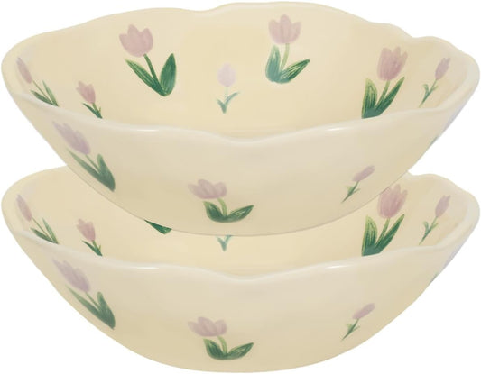 Koythin Salad Bowls Set of 2, Cute Purple Tulip Flower Ceramic Bowls, Cream Yellow Serving Bowl for Pasta, Cereal, Fruit, Soup, Rice, Dishwasher and Microwave Safe (Purple Tulip Set of 2)