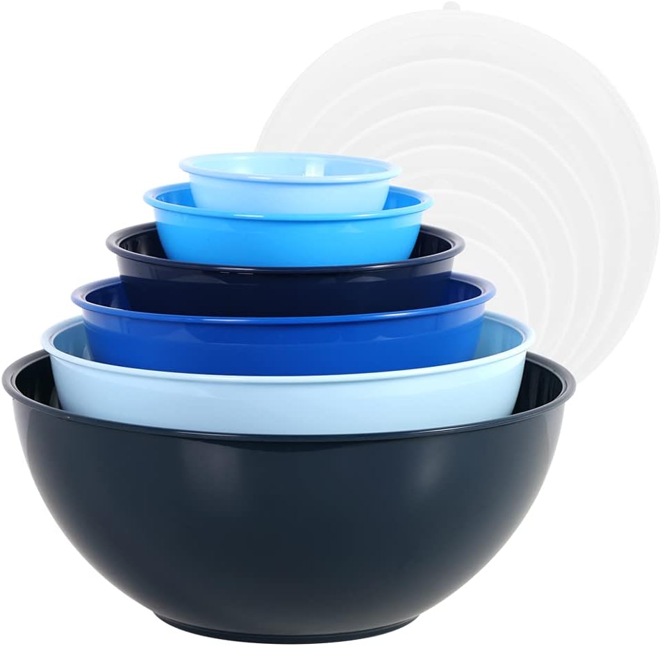 BoxedHome BPA Free Plastic Round Mixing Bowl with Lids, 12 Pack Nesting Bowls with Lids Set, Microwave and Dishwasher Safe Prep & Serving Bowls Great for Mixing, Baking, Serving (Blue, 12pcs)