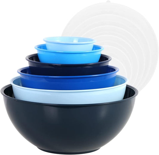 BoxedHome BPA Free Plastic Round Mixing Bowl with Lids, 12 Pack Nesting Bowls with Lids Set, Microwave and Dishwasher Safe Prep & Serving Bowls Great for Mixing, Baking, Serving (Blue, 12pcs)