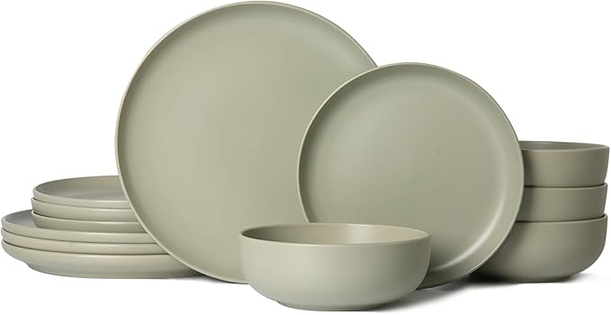 12-Piece Matte Green Dinnerware Set,Stoneware Dinnerware for 4, Microwave & Dishwasher Safe, Stackable Design for Kitchen and Dining - Plates and Bowls