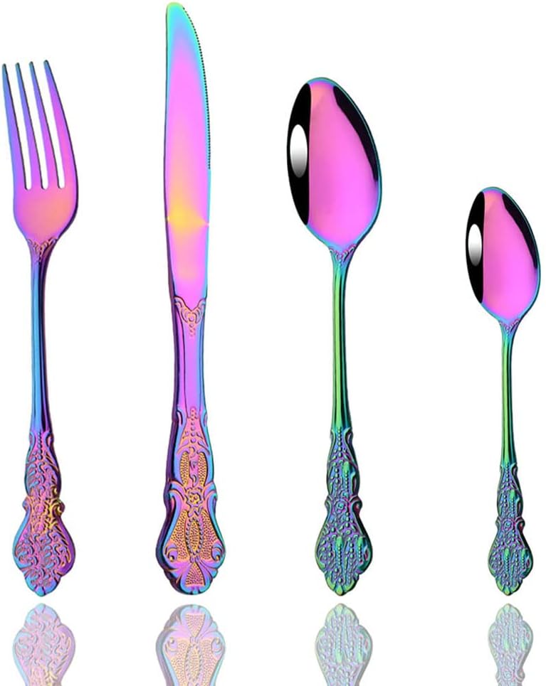 JASHII 4-Piece Multicolour Palace Cutlery Set Silverware Set, Mirror Polished, Stainless Steel Flatware Cutlery Eating Utensils Service for 1, Unique Elegant Pattern, Dishwasher Safe (Rainbow)