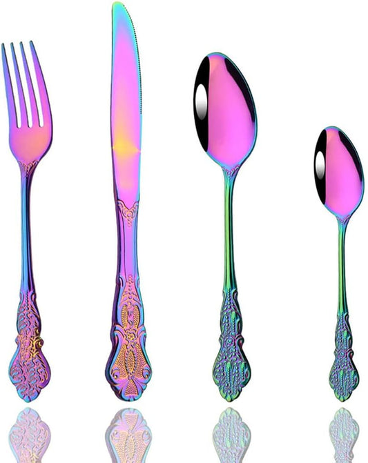 JASHII 4-Piece Multicolour Palace Cutlery Set Silverware Set, Mirror Polished, Stainless Steel Flatware Cutlery Eating Utensils Service for 1, Unique Elegant Pattern, Dishwasher Safe (Rainbow)