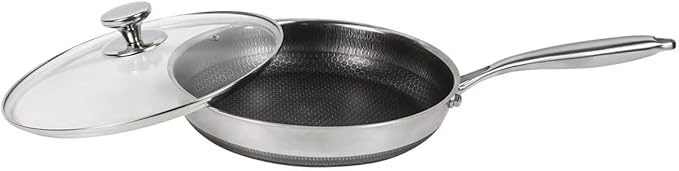 Stainless Steel Pan, Nonstick Frying Pan with Glass Lid, 11.6inch PFOA-Free, Stay-Cool Handle Easily Cleaned Induction Cooktops are Suitable, Compatible with All Cooktops