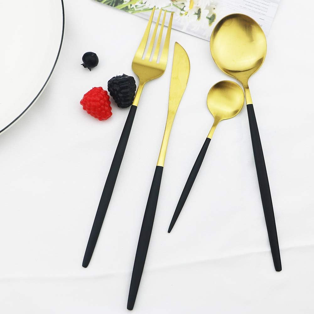 JASHII Silverware Set, 24-Piece Stainless Steel Flatware Set,Kitchen Utensil Set Service for 6,Tableware Cutlery Set for Home, Dishwasher Safe (Matte Black handle gold)