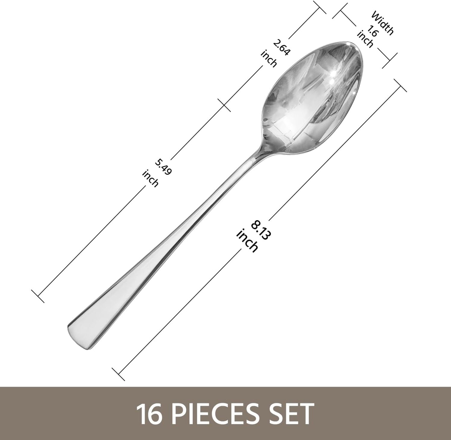 KINGSTONE 16 Piece Dinner Spoon Set, 18/10 Stainless Steel Spoons, Silver Food Grade Table spoons of 16, Metal Spoons for Home, Kitchen, Weddings, Parties or Restaurant, Dishwasher Safe-8.15inches