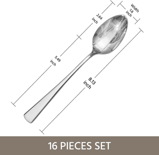 KINGSTONE 16 Piece Dinner Spoon Set, 18/10 Stainless Steel Spoons, Silver Food Grade Table spoons of 16, Metal Spoons for Home, Kitchen, Weddings, Parties or Restaurant, Dishwasher Safe-8.15inches