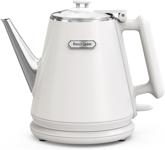 Hazel Quinn Electric Kettle - 1L/34oz Small Tea Kettle, 800W Fast Boil, All 304 Stainless Steel Interior, Double Wall for Cool Touch and Thermal, Auto Shut-Off, BPA-Free, Cordless - Pearl White