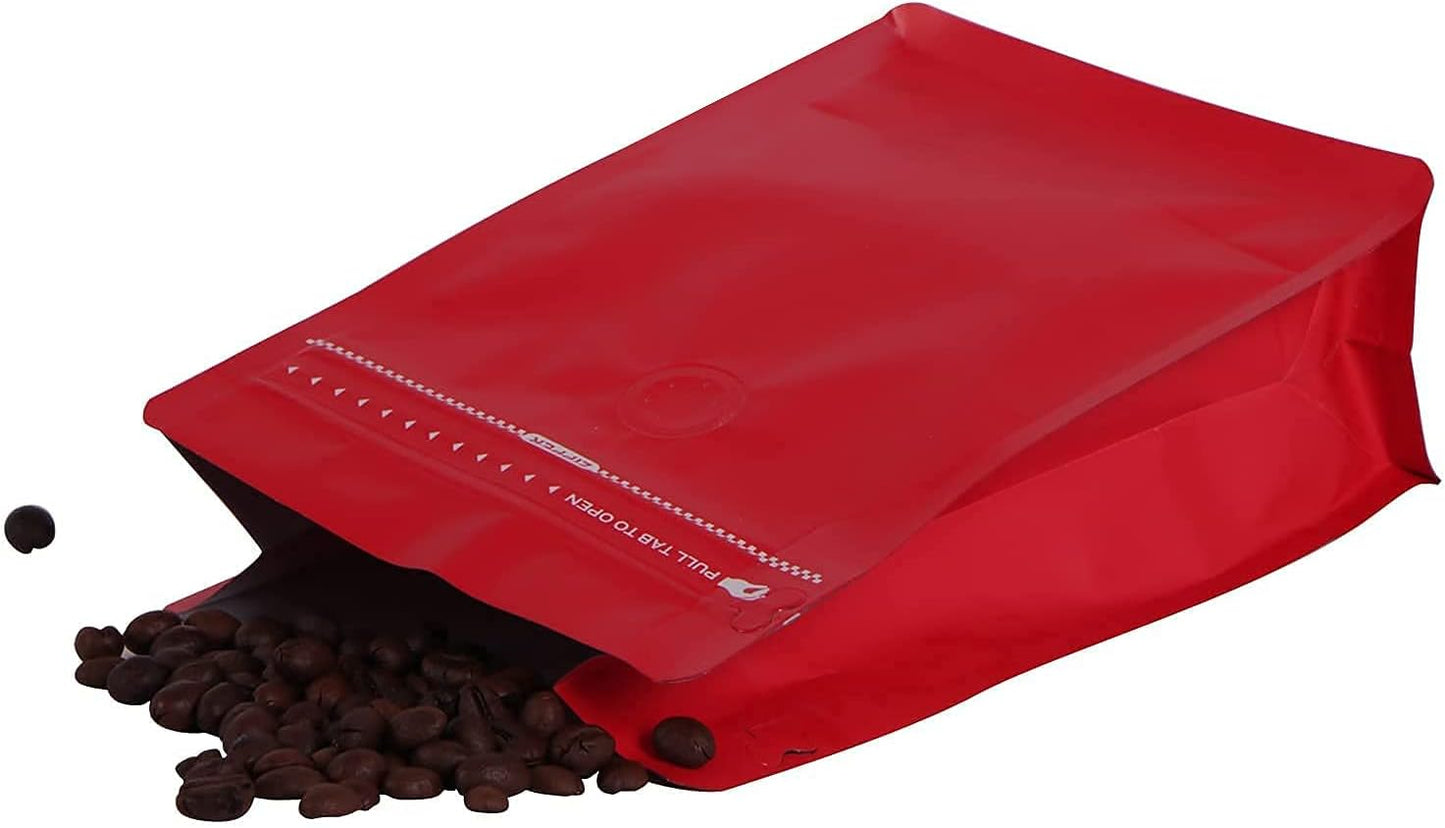 REMTAP Coffee Bags with Valve(100pcs,16oz) Red High Barrier Aluminumed Foil Flat Bottom Standing Coffee Beans Storage Bags,Reusable Heat Sealable Side Zipper Pouches for Home or Store