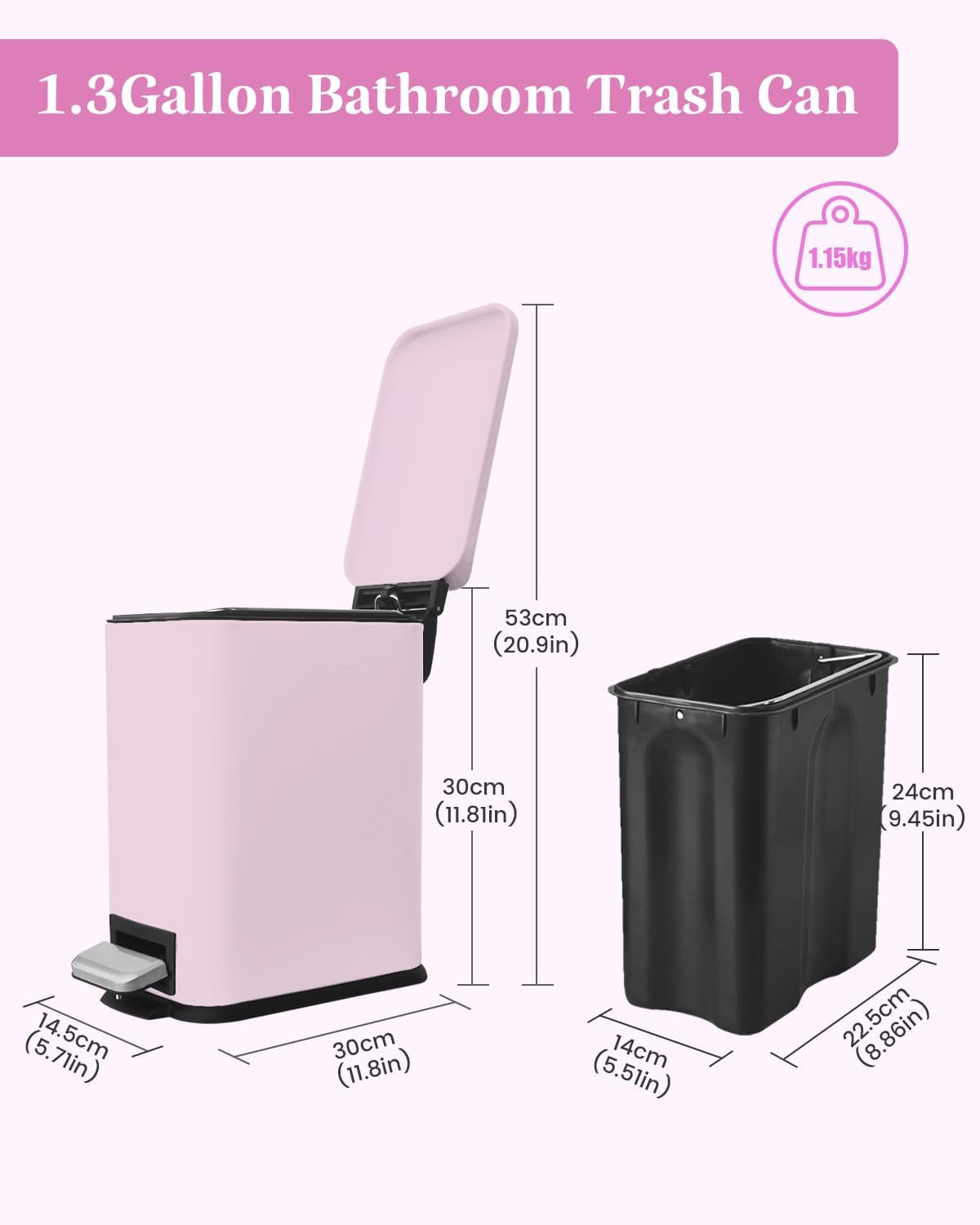 JM.YIPENG 1.3 Gallon Trash Can with Removable Inner Bucket, Pink Trash Can with Soft Close lid, Stainless Steel Step Pedal Garbage Can for Bathroom, Living Room