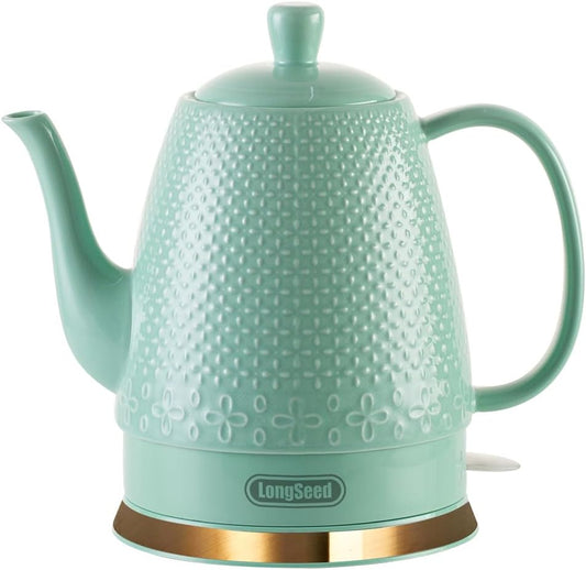 1.2-Liters Ceramic Electric Kettle Pot, 1000W Fast Boil Water For Coffee & Tea, Automatic Shut-Off, Boil Dry Protection, Retro Gooseneck Teapot BPA Free Boiler