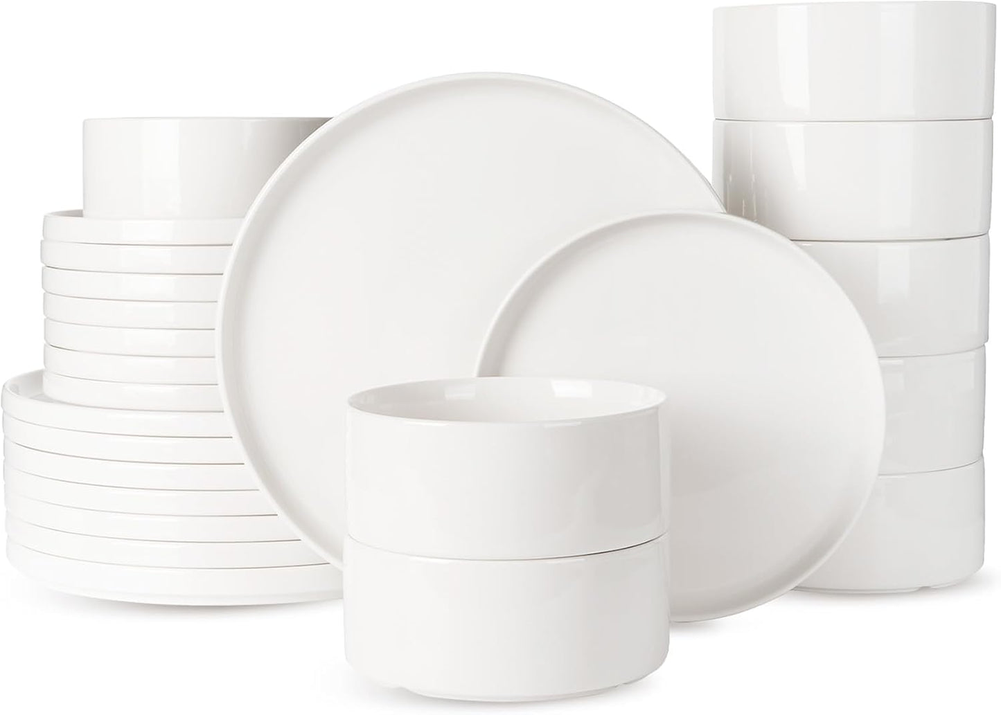 Famiware Porcelain Dinnerware Set, 24-Piece Modern Plate and Bowl Set, dish set for 8, Microwave and Dishwasher Safe Tableware, White