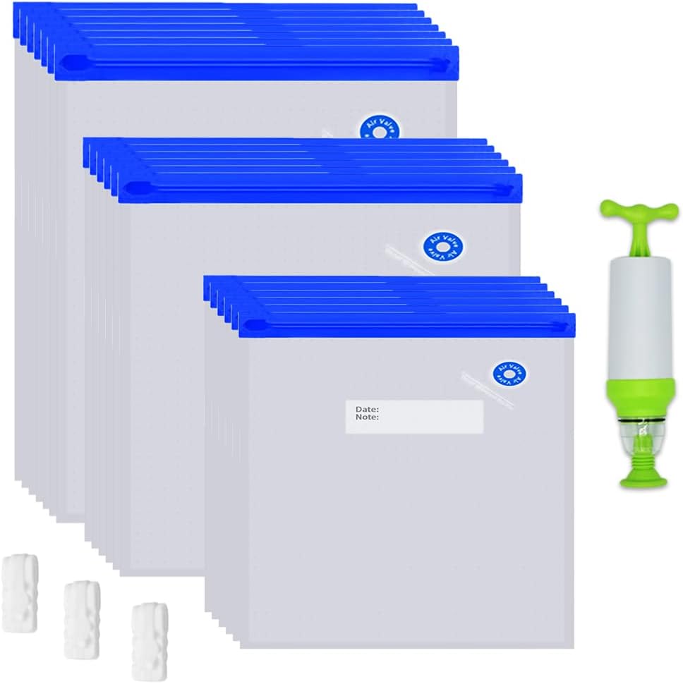 Sous Vide Bags-30pcs Reusable Vacuum Food Storage Bags, with 3 Sizes Vacuum Food Bags,1 Hand Pump,3 Sealing Clips for Food Storage and Sous Vide Cooking