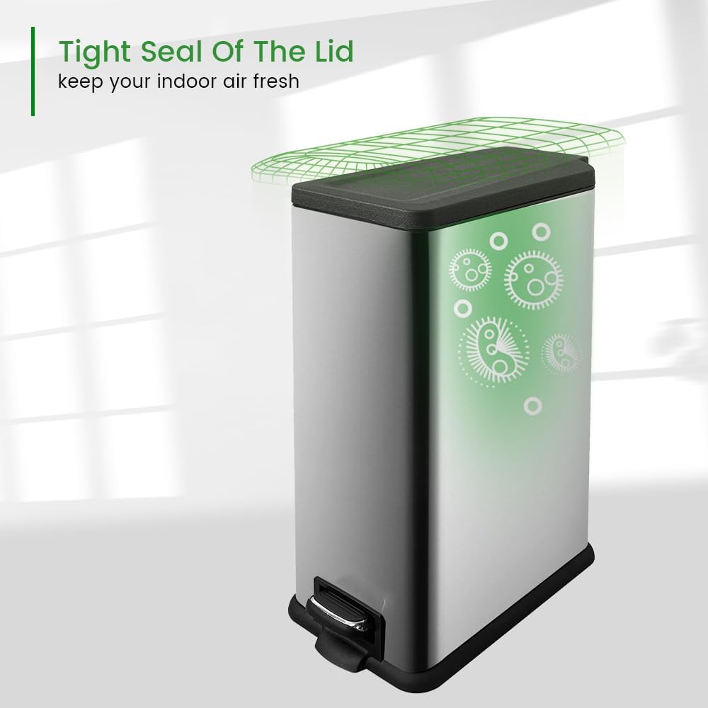 12 Gallon Trash Can with Lid，45L Kitchen Garbage Can,Stainless Steel Trash Can for Narrow Spaces with Soft-Close Lid, Inner Bucket, and Step-on Pedal
