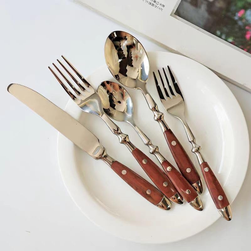 Silverware Set For 8 with Two Rivets, Vintage 40-Piece Everyday Flatware Set with Wood Grain Bakelite Handle, Stainless Steel Cutlery Set, Dishwasher Safe, Knives Spoons and Forks Set