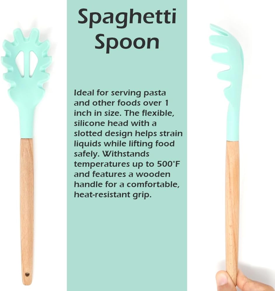 3-Piece Silicone Kitchen Utensil Set - 10" Stainless Steel Tongs, 12.5" Silicone Spatula & Spaghetti Spoon, Heat-Resistant to 500°F, Wood Handles, Non-Scratch, Hanging Loop (Green)