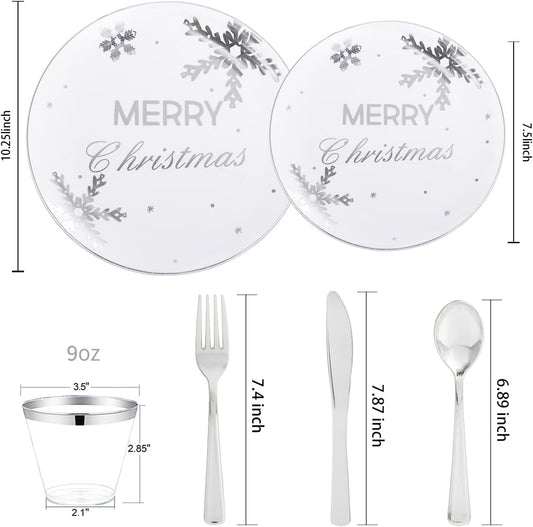 KIRE 25 Guest Christmas Plates - White Plastic with Silver Snowflake Design, Disposable Silverware & Clear Cups for Christmas Party Supplies