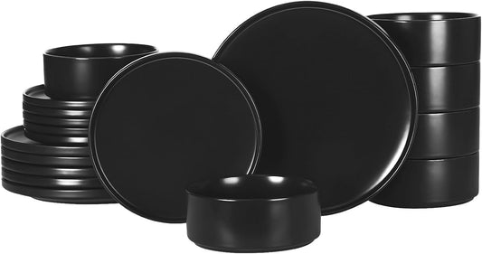 GZG Classic Series - Plates and Bowls Set for 6, 18 Piece Stoneware Dinnerware Sets, Microwave and Dishwasher Safe Lead-Free Handcrafted Ceramic Dishes Set - Matte Black
