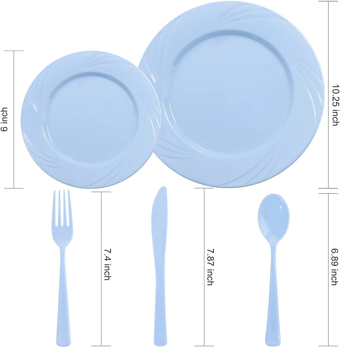YOUBET 125Pieces Blue Plastic Plates - Blue Baby Shower Plates Disposable - Include 25 Dinner Plate 25 Dessert Plate 25 Forks 25 Knives 25 Spoons for Birthday Party & Baby Shower Gifts
