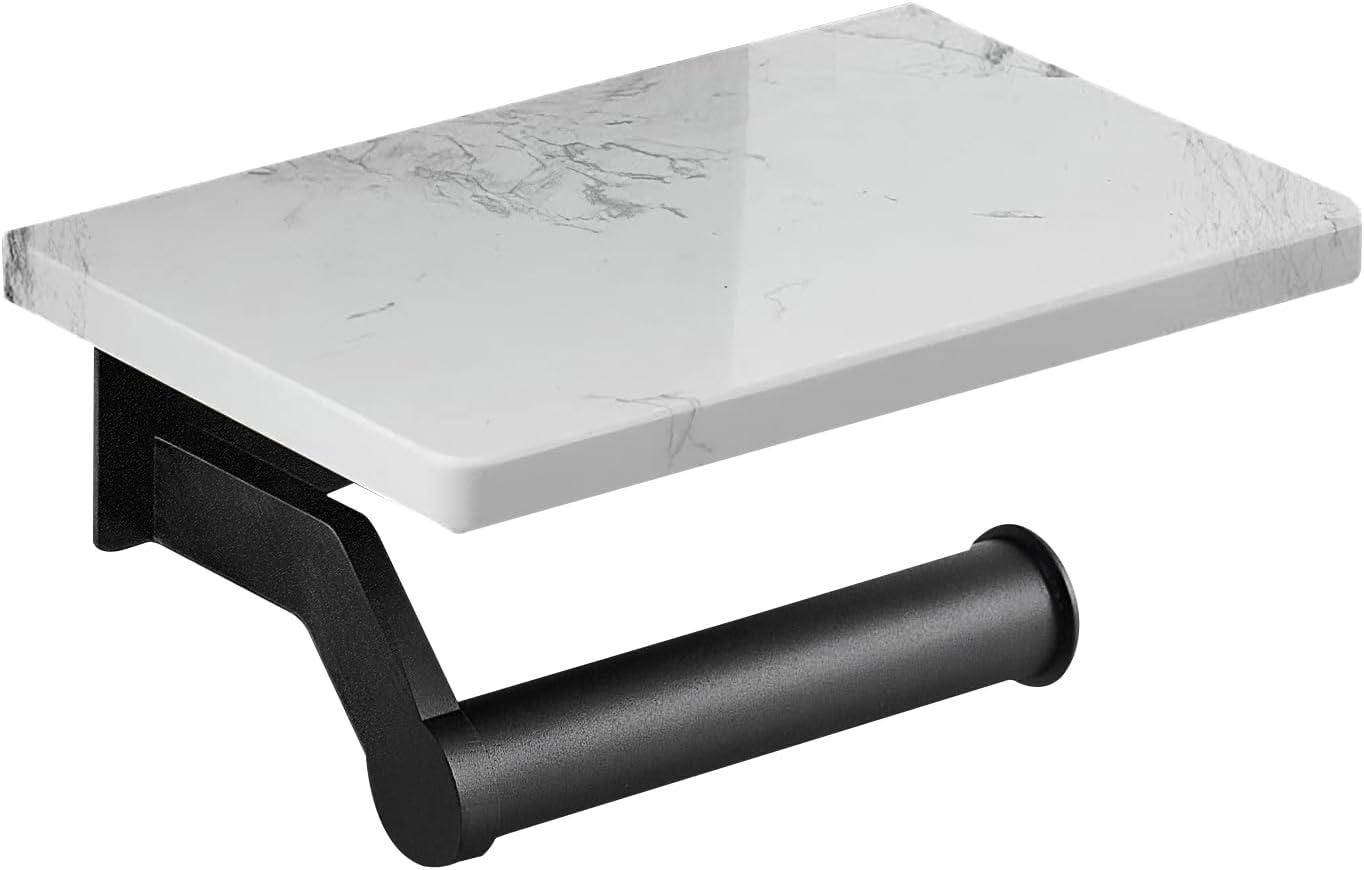 Hoimpro Matte Black Aluminum Toilet Paper Holder with White Natural Marble Shelf, Wall Mounted Tissue Hand Paper Roll Storage Holder for Bathroom Kitchen Washroom Bedroom