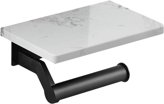 Hoimpro Matte Black Aluminum Toilet Paper Holder with White Natural Marble Shelf, Wall Mounted Tissue Hand Paper Roll Storage Holder for Bathroom Kitchen Washroom Bedroom