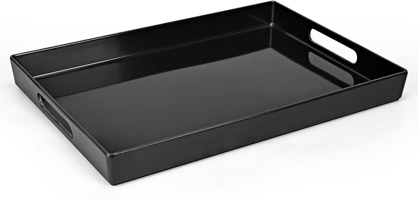 Serving Tray with Handles-10x15Inch Black Melamine Modern Serving Platters,Serving Wine,Coffee,Breakfast/Kitchen Countertop Tray/Makeup Drawer Organizer/Vanity Table Tray/Decorative Tray