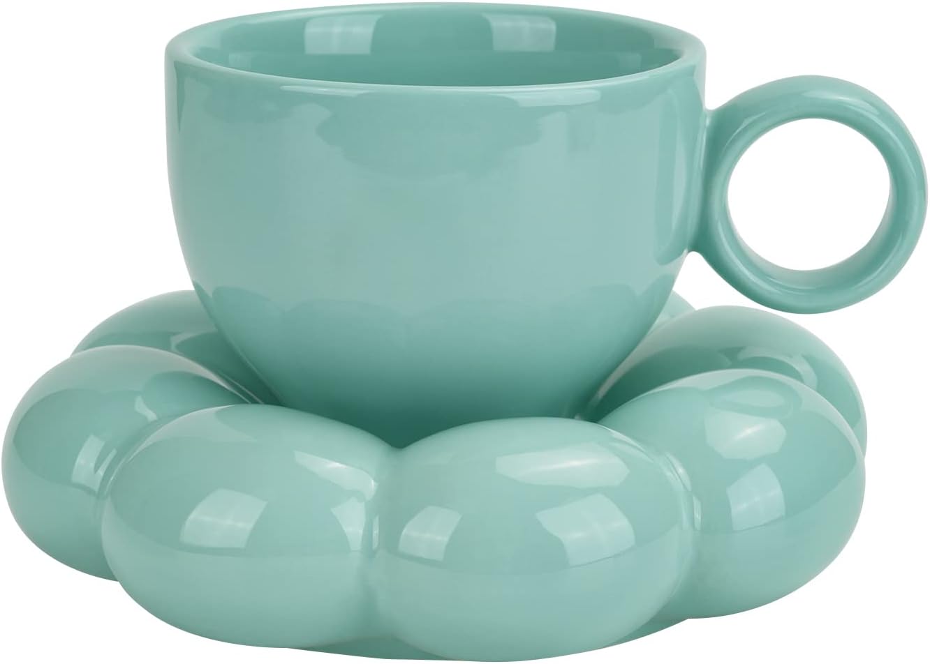 Koythin Ceramic Coffee Mug with Saucer Set, Creative Cute Cup with Sunflower Coaster for Office and Home, Dishwasher and Microwave Safe, 6.5 oz/200 ml for Tea Latte Milk (Blue-green)