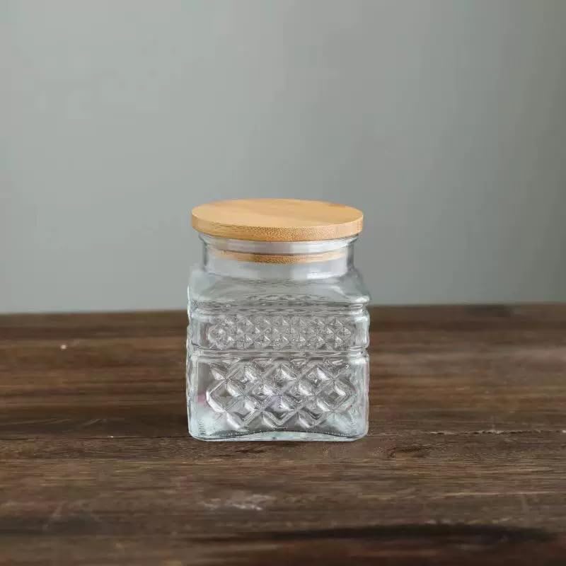 Glass Storage Canister with Airtight Lids, 20.3 oz Candy Jar Cute Jar for Ground Coffee, Tea Bag, Snacks Vintage Decorative Glass Jars for Coffee Bar Kitchen Counter Table