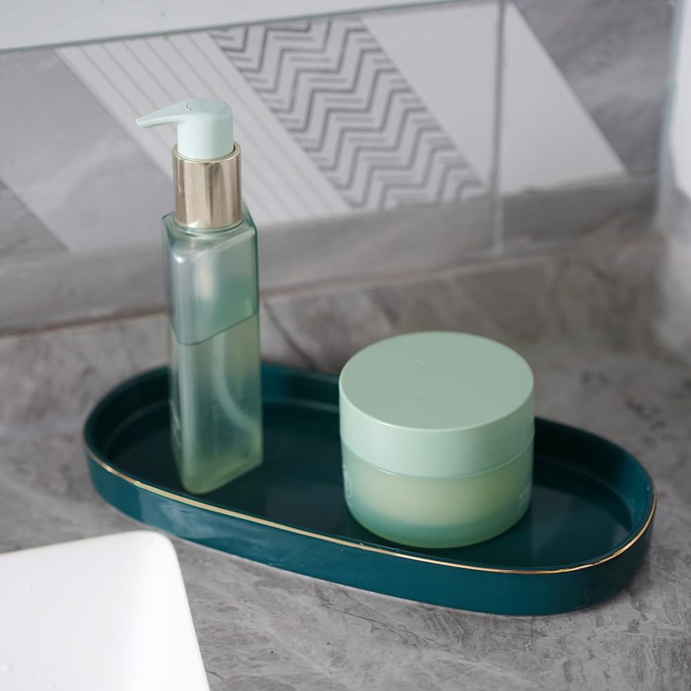 10x5 Bathroom Vanity Tray, Oval Ceramic Decorative Perfume Candle Tray for Bathroom/Kitchen Counter, Green