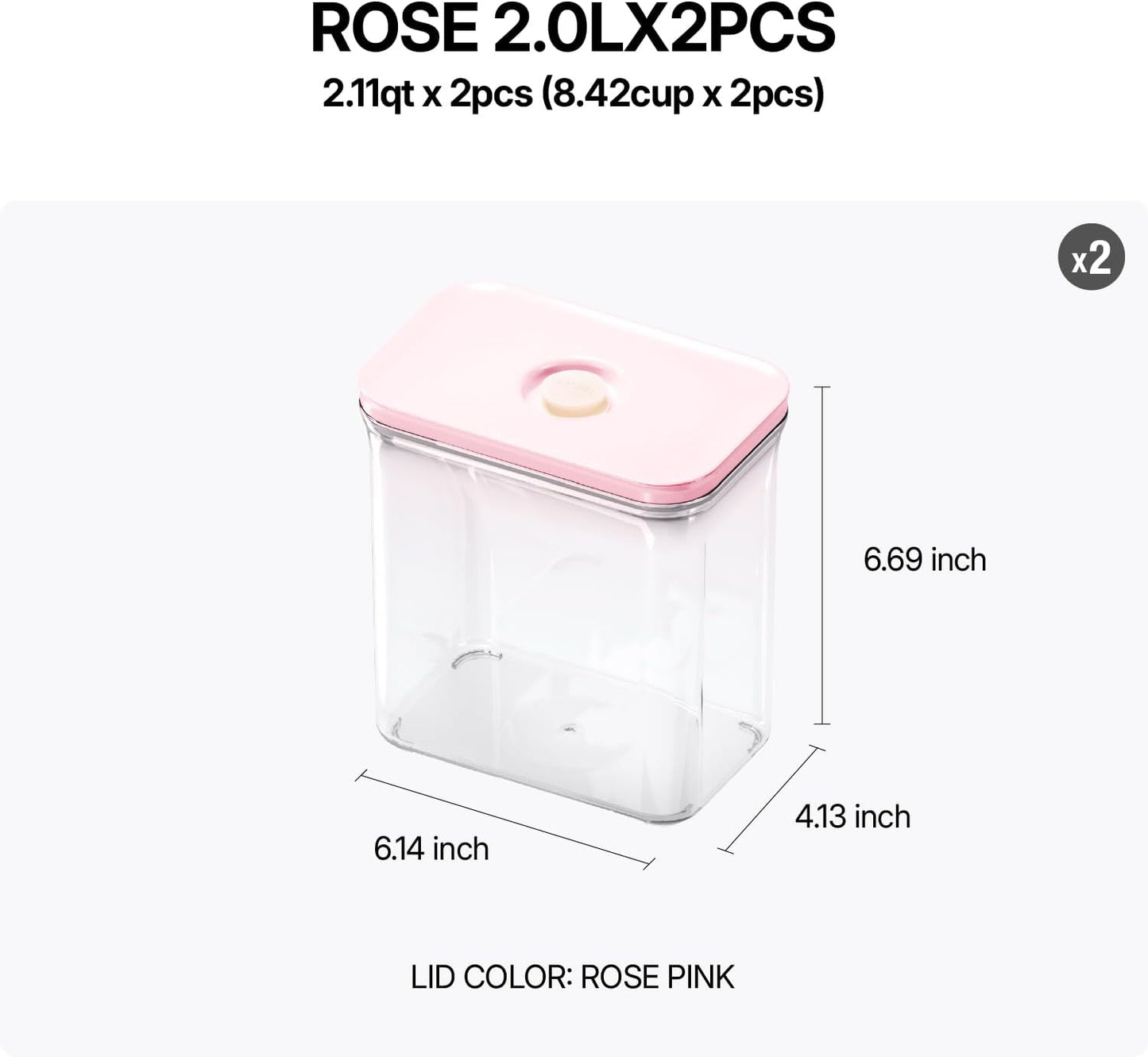 VAKUEN Premium Airtight Food Storage Containers ROSE 2.0L(2.11qt) 2P/SET, Patented Double Silicone Lining, 100% Leak Proof, BPA-FREE