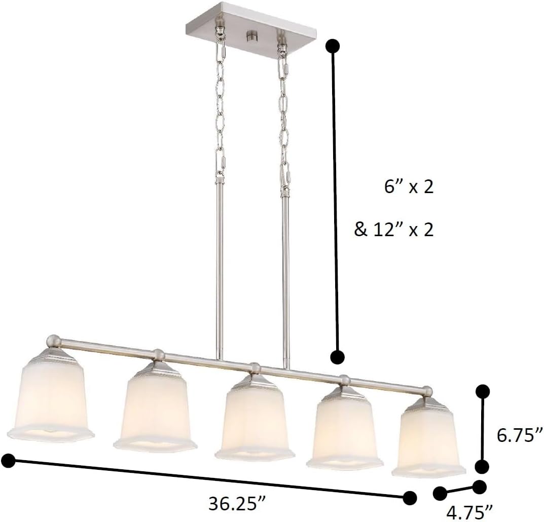 Nox Vintage 5-Light Chandelier Island Pendant Light with Brushed Nickel White Glass for Dining Room, Kitchen Island, Industrial, Vintage Decor