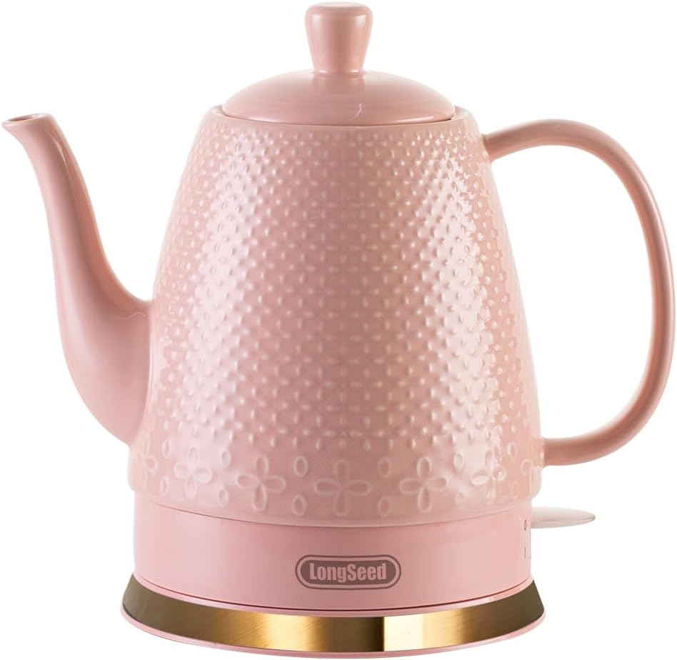 1.2 Liters Ceramic Electric Kettle Pot, Boil Water Quickly and Easily with Boil-Dry Protection, Auto Shut Off, Detachable Swivel Base, Graceful Gooseneck Teapot 1000W, Pink