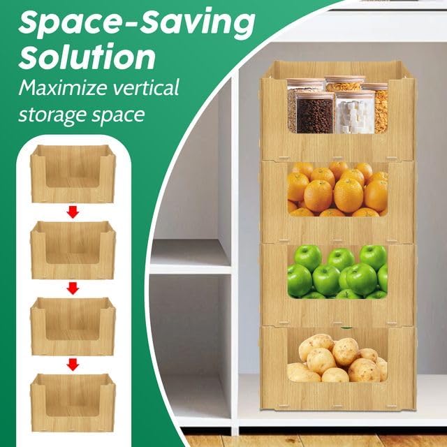 TidyFriend Wooden Stackable Storage Bins for Pantry Organizers and Storage 4 Pack, Pantry Storage for Food, Kitchen and Home Organization (Wood)