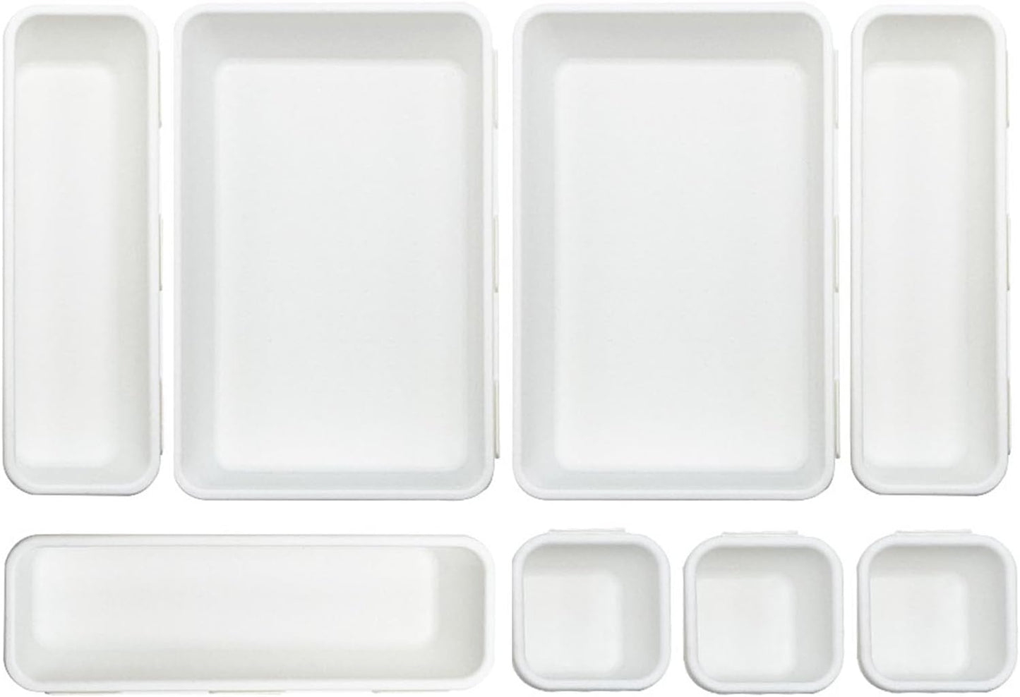 8 Pcs Desk Drawer Organizers, 3 Size Plastic Vanity and Bathroom Drawer Organizer Trays, Storage Bins for Makeup, Utensils, Jewelries, Office and Kitchen (White)