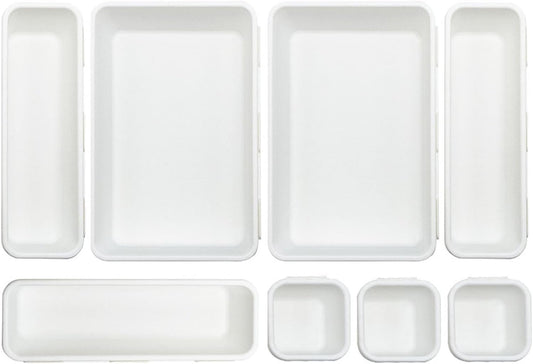 8 Pcs Desk Drawer Organizers, 3 Size Plastic Vanity and Bathroom Drawer Organizer Trays, Storage Bins for Makeup, Utensils, Jewelries, Office and Kitchen (White)