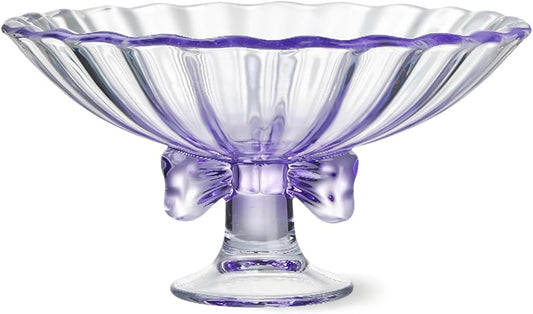 Glass Fruit Bowl. 9 inch Glass Pedestal Bowl. Elegant Bow Decoration Multicolor Salad Plate. Suitable for Fruit, Dessert, Candy, Snack & More. (Purple)