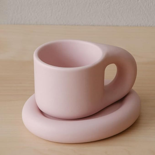 WENSHUO Chubby Funny Coffee Mug, Novelty Cute Cup and Saucer, Matte Crème, 9 oz (Matte Soft Pink)