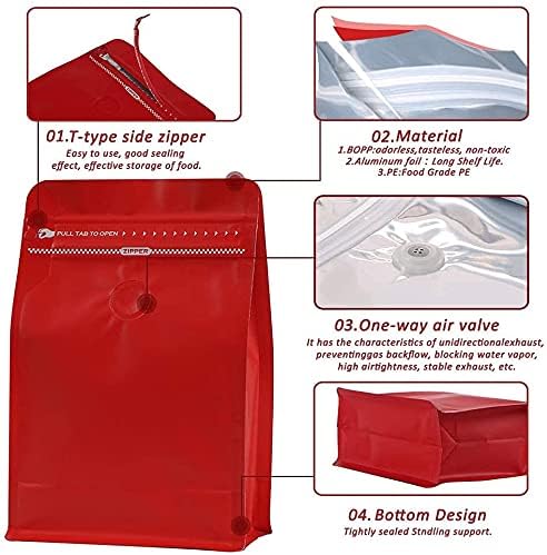 REMTAP Coffee Bags with Valve(100pcs,16oz) Red High Barrier Aluminumed Foil Flat Bottom Standing Coffee Beans Storage Bags,Reusable Heat Sealable Side Zipper Pouches for Home or Store