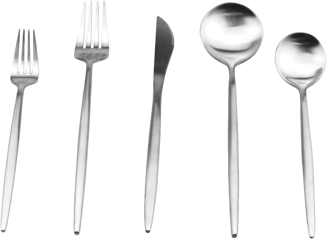 JASHII Royal Silverware Set, Matte 5 Pieces Food Grade 18/10 Stainless Steel Flatware Set Include Fork Spoon Knife Teasppons Utensils for Daily Use and Party, Service for 1, Anti Rust(Silver,1)
